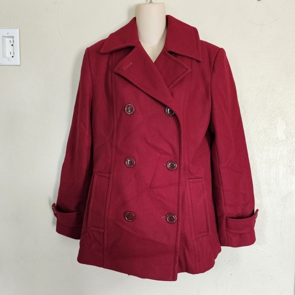 Collection by Gallery Red Wine Wool Double Breasted Pea Coat Size Women Medium - Picture 1 of 13